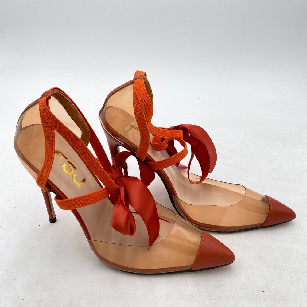 FSJ Red Pointed Toe PVC Ankle Tie Stiletto Heels - Picture 3 of 7